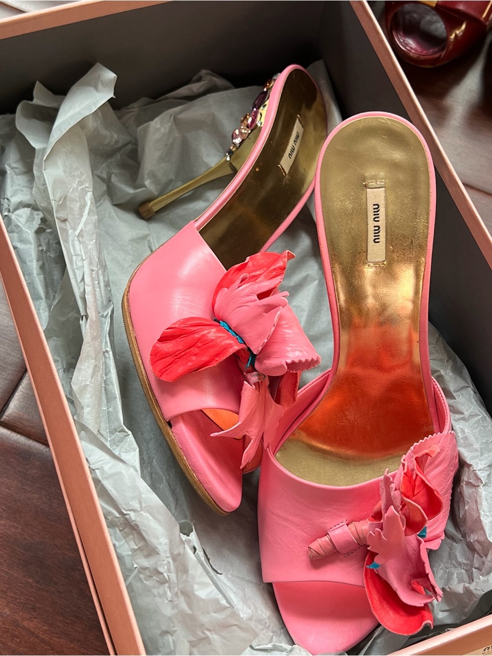 Miu Miu Pink Floral Jewel-Embellished Sandal Heels - Picture 6 of 8